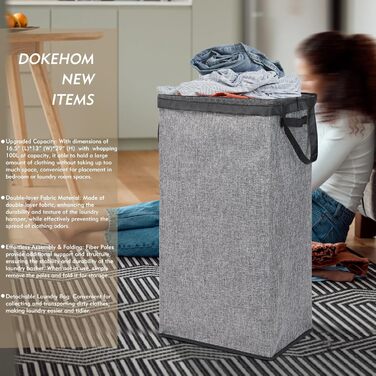 DOKEHOM кошик для білизни 100 л з кришкою і знімними мішками, великий складаний кошик для прання для спальні, ванної, пральні, гуртожитку, сірий