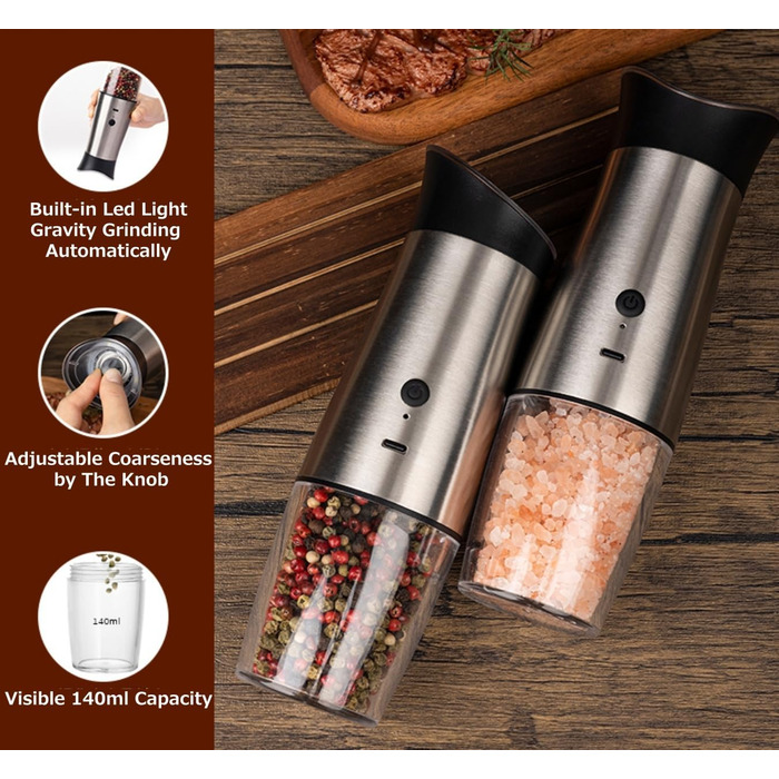 Gravity Electric Salt and Pepper Grinder Set, USB Rechargeable, Automatic, One-Handed Operation, Grinder for Kitchen, Grill, Adjustable Coarseness, Silver, 2 Pieces
