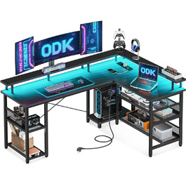 Ігровий стіл ODK з LED, кутовий, з розетками та USB, велика карбонова поверхня 168×120 см, чорний