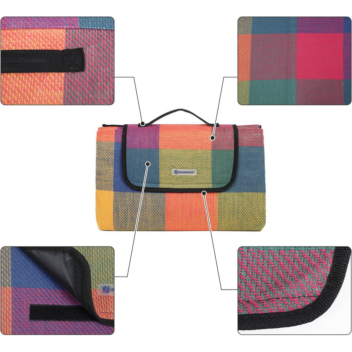 SONGMICS Плед для пікніка 195x150 см, вологостійкий, для парку, саду, пляжу, червоно-зелено-оранжевий, згинається, машинного прання, GCM50K