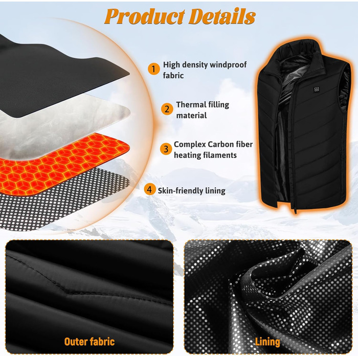 Обогревна жилетка для чоловіків та жінок з акумулятором 10000 mAh та 9 зонами обігріву, 3 режими температури, для зимових видів спорту та полювання