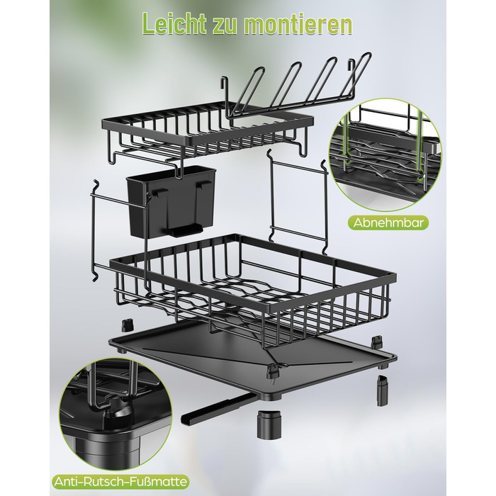 LIONONLY Dish Drying Rack, Large 2-Tier Dish Drying Rack with Drip Bowl, Stainless Steel Dish Drying Rack with Utensil Holder, Beverage Holder, and Swivel Spout, Dish Drying Stand Kitchen