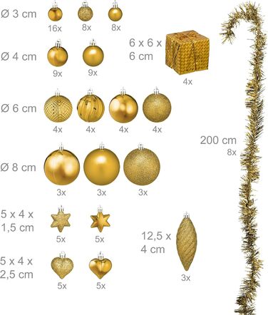 Набір прикрас для ялинки Relaxdays: 110 кульок, мішура та інше. Золотий декор для ялинки