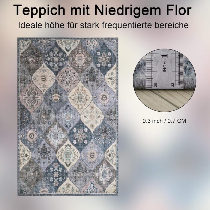 Килим Xfrog Boho Квітковий, антиковий, низький ворс, м'який, нековзкий, багато кольорів, 120x160 см, для вітальні, спальні, дитячої кімнати, придатний для прання
