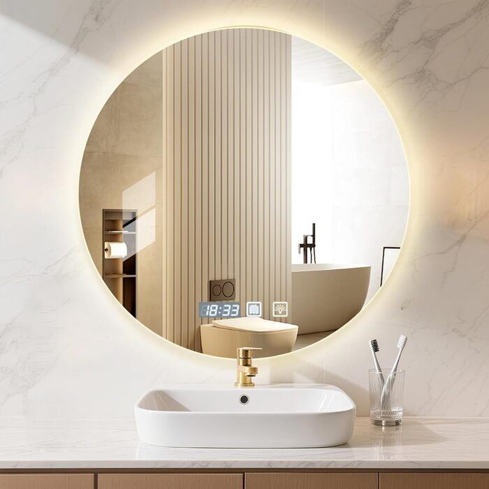 Дзеркало для ванної кімнати Viugreum з підсвічуванням 50x75 см, овальне LED дзеркало, регульована яскравість, 3 кольори світла, протитуманне покриття, годинник, сенсорна кнопка, LED дзеркало для ванної кімнати, вітальні (60 см кругле)