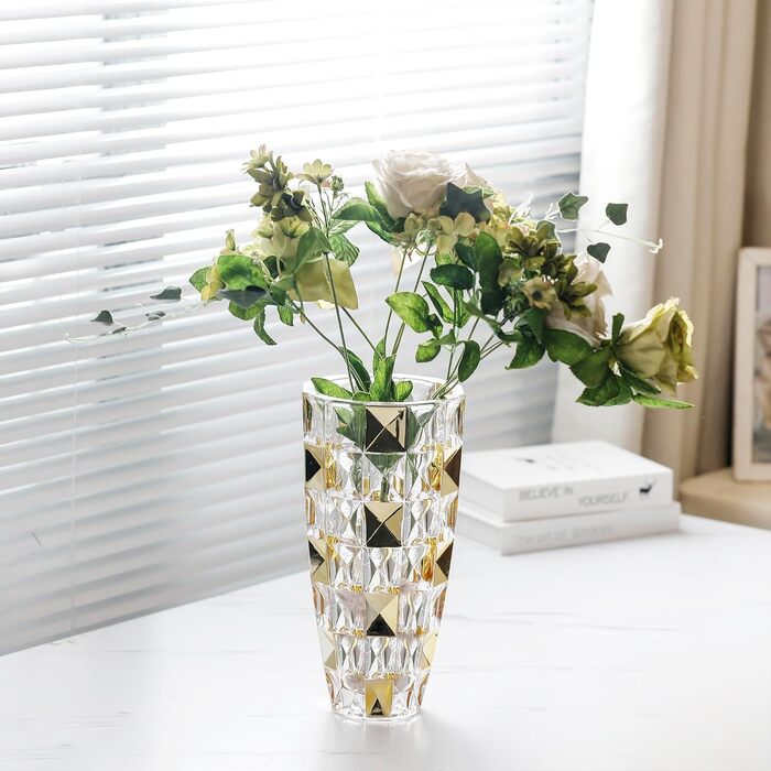 Ваза для квітів ручної роботи у формі діаманта, позолочена скляна ваза 29.5 см для декору дому, весілля, офісу та святкування