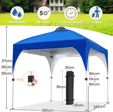 Yaheetech Pop-Up Gazebo 2.4 x 2.4 m, Height Adjustable Garden Gazebo, Waterproof & Sun Protection Party Tent Garden Tent with Rolling Carry Bag for Outdoor Market Garden Yard, Blue