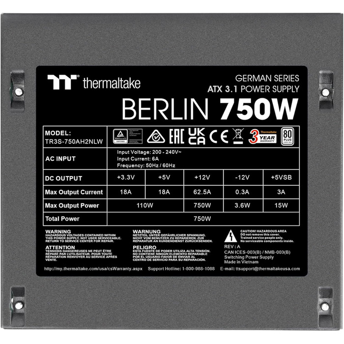 Блок живлення Thermaltake Hamburg German Series 750W, ATX 3.1, PCIe 5.1, 80 Plus White, низький рівень шуму