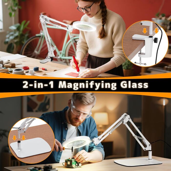 Лампа-лупа Jubor 2-в-1 зі світлом та підставкою, 15x/10x, LED, з кріпленням та основою, 3 режими, регульована яскравість, для хобі, ремонту, майстрів