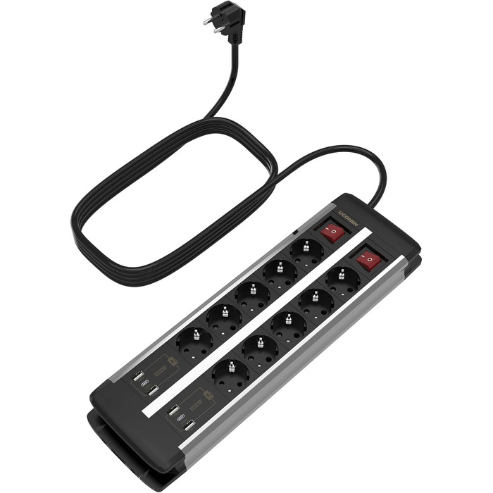 Многофункціональна мережева стрічка Ucomen на 10 розеток з USB та захистом від перенапруги (3680W, 16A) для комп'ютерних столів, з USB-зарядкою 20W (USB-A та USB-C), кабель 1.5м