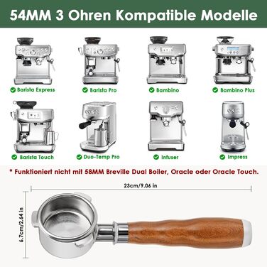 Бездонний портафільтр 54 мм з трьома вушками для кавомашин Breville Barista BES870/878/880, з двома фільтраційними кошиками та ручкою з горіха