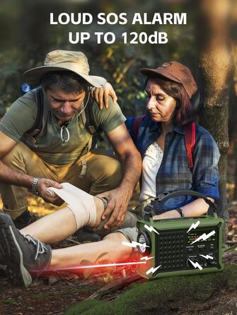 Радіоприймач Minorz 12000mAh з ручним генератором, сонячною панеллю, AM/FM, SOS, ліхтариком, IPX6, для кемпінгу та надзвичайних ситуацій, зелений