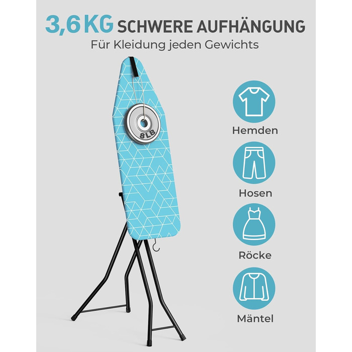 LyriFine Прасувальна дошка 2-в-1 для прасування з парою та класичного прасування, стійка до нагрівання, складана з гачком, міцний сталевий каркас, для парогенераторів (Синій колір з підставкою для праски)