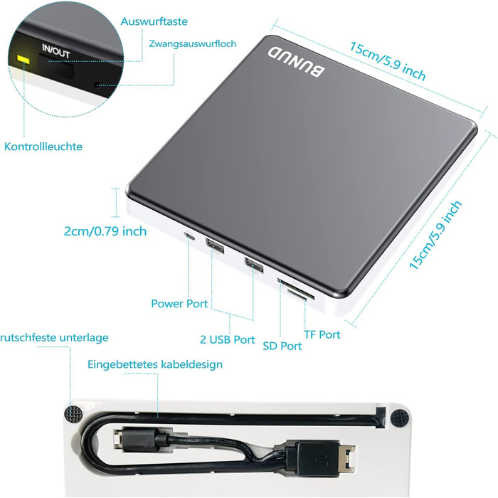 Зовнішній CD/DVD привід BUNUD для ноутбука та ПК: USB-C DVD-брунер з картридером SD/TF та 2 USB-портами для Windows 11, Mac, MacBook