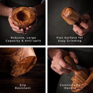 Olive Wood Mortar Set - Ø 12 cm, H 11 cm - Handmade, Ergonomic, Vintage, Eco-Friendly & Durable, Multifunctional, Decorative, Gift Idea (TH)