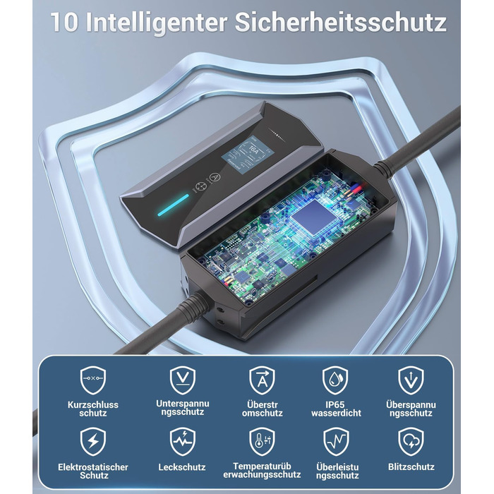 Кабель для зарядки електромобілів Schuko 3,7kW, 7м, 6-16A, 1-фазний, IP65, з LCD-дисплеєм, регульована потужність, таймер, для електромобілів та PHEV