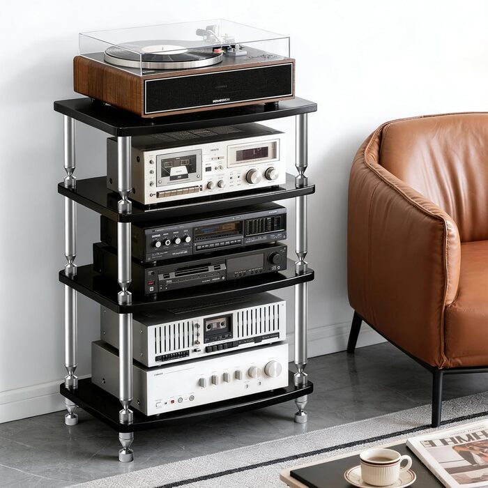 HiFi тумба з колесами для програвача, аудіосистеми та TV 60x52x78 см (алюмінієвий сплав, 4 полиці, LED-підсвітка, розетки)
