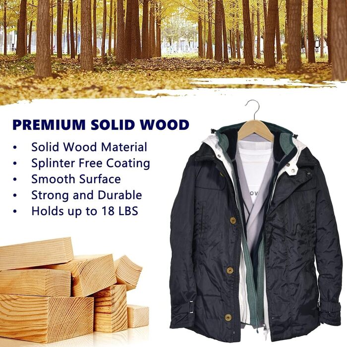 Amber Home 30-Piece 17.5-inch Natural Wooden Clothes Hangers with Bar and Notch, Sturdy Hanger for T-Shirt, Shirt, Suit, Coat, Dress, Wedding, Camisole