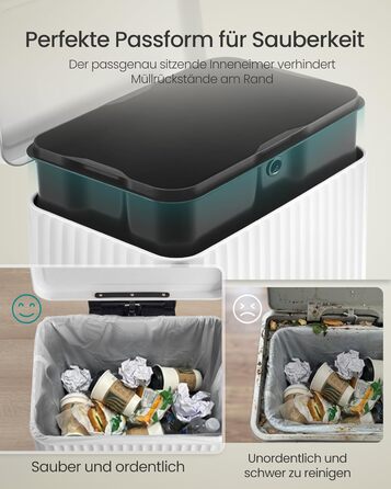 Відро для сміття SONGMICS з педаллю 50л, сталь, з кришкою Softclose, знімний внутрішній відро, білий (LTB586LZ02) + 15 пакетів для сміття