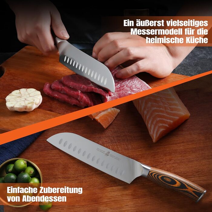 TUO Santoku ніж: професійний японський ніж з нержавіючої сталі, 18 см, ергономічна ручка з паккавуду, серія Fiery Phoenix