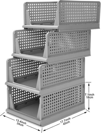 4 Foldable Plastic Storage Boxes Shelf Baskets Closet Storage Boxes Foldable Kitchen Drawer Organizers Stackable Storage Boxes Transport Boxes Closet Containers Cube Pull-Out Drawer - Grey