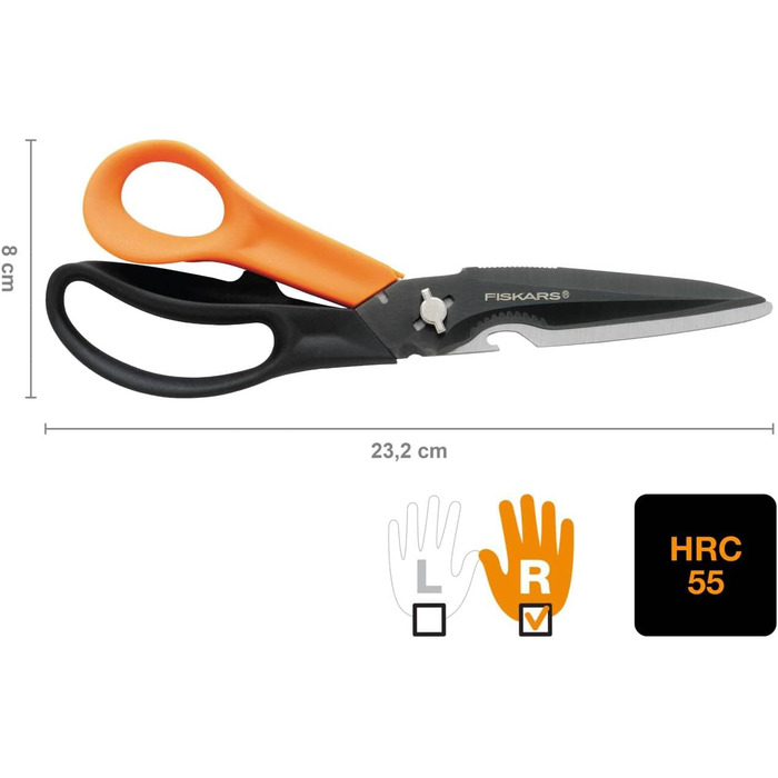 Універсальні ножиці Fiskars Cuts + More з титановим покриттям та заточувачем, розбірні леза, 23 см, чорно-помаранчеві, 1000809