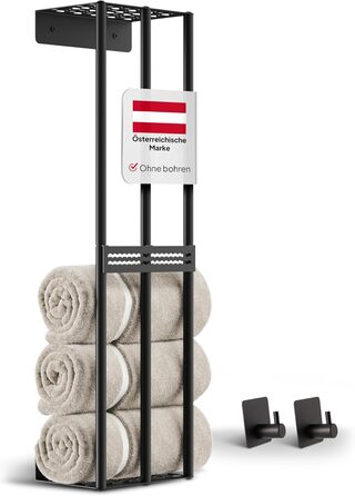 Тримач для рушників на стіну без свердління, чорний, 72,5 см - металева полиця для рушників у ванну кімнату, самоклеюча, для великих та маленьких рушників