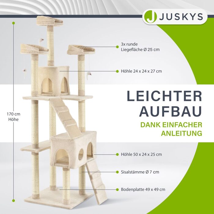 Дерево для котів Juskys Amy XXL - з печерами, лежанками, сходами та сизалевими стовпчиками. Стабільний котячий комплекс 170 см, сірий (бежевий)
