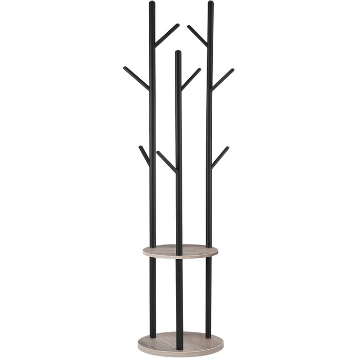 HOOBRO Coat Rack, Freestanding Clothes Rack, Tree-Shaped Wardrobe with 8 Hooks, 2 Round Shelves, for Clothes, Hat, Bag, Living Room, Bedroom, OfficeDark Brown-Black EBF33YM01G1 (Greige + Black)
