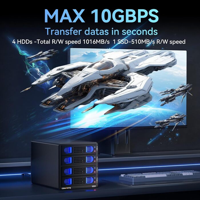 Корпус для жорстких дисків 10Gbps з алюмінію Dual Bay з вентилятором для 2.5/3.5 SATA HDD/SSD з USB A/C 3.2, Hot Swappable, Daisy Chain, без інструментів, DAS (не RAID/NAS)