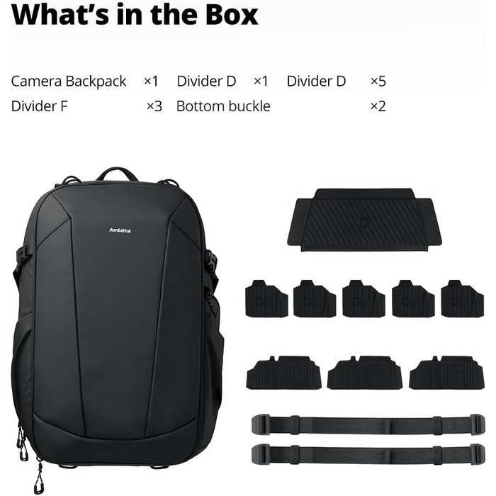 Чорний фоторюкзак AMBITFUL 25L+3L для DSLR/SLR/Mirrorless камер з відділенням для ноутбука та трипода (водонепроникний, ергономічний)