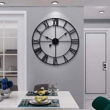 HAITANG Large Vintage Style Wall Clock, Black Round, Metal Silent Non-Ticking, Battery Powered, 40cm, 16 Inch Roman Numerals, Clocks for Living Room, Bedroom, Kitchen Wall Clock Decoration