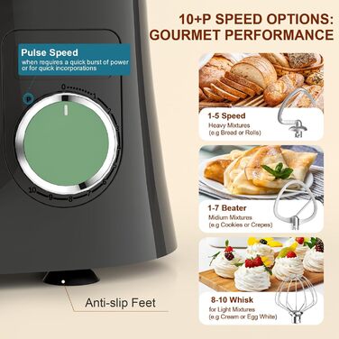 Кухонна машина/міксер Facelle 1500W з 5.5L та 4.5L чашами, 10+ програм, тиха робота, з набором насадок (зелено-сірий)