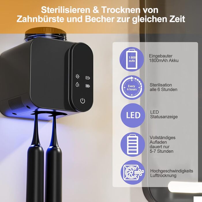 Стерилізатор зубних щіток Maxspace UV з підсвічуванням, електричний, настінний, USB/Solar зарядка, 2 слоти (чорний)