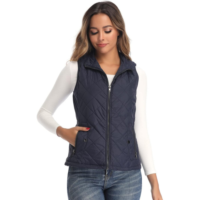 Жіноча жилетка LONGKING: легка, з коміром-стійкою, стьобана, без рукавів, синього кольору