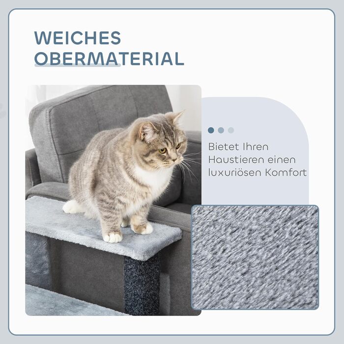 PawHut 4-Step Pet Stairs with Scratching Posts, Ball, Dog Stairs, Animal Stairs for Cats up to 5 kg, Plush Jute Grey, 60 x 40 x 64 cm