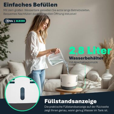 Зволожувач повітря ALB300 – тихий, для спальні та дитячої кімнати до 44 м², холодним випаровуванням, з антибактеріальним фільтром, авторежим з датчиком, нічник, бак 2,8 л, енергозберігаючий