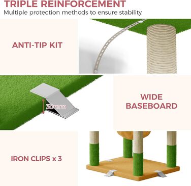Великий котячий комплекс Kratzbaum 208 см з 3 анти-нахилом, 15 стовпчиками для дряпання, 2 платформами, 2 ховалами, 1 рампою для дряпання та гамаком. Стабільний котячий будиночок для великих котів (зелений + жовтий)