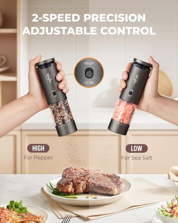 Sangcon Electric Salt and Pepper Grinder, 2 Speed Settings, 6 Grind Settings, Automatic Pepper Grinder with USB Charging Station, One-Handed Grinding (Space Grey)