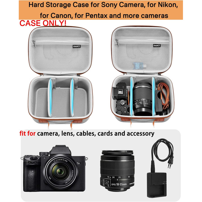 Чохол жорсткий RAIACE для Sony Alpha 7 II/III/IV/7R V, Nikon, Canon, Pentax – сірий. З відсіком для зарядного пристрою, кабелів, карт пам'яті та аксесуарів.