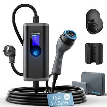Кабель для зарядки електромобілів Bokman Typ 2 з CEE роз'ємом, 5 метрів, 6-16A, 11kW, трифазний, IP65 вологозахист, портативний зарядний пристрій, мобільна зарядка, станція зарядки EV, сумісний з IEC 62196-2, з сумкою та мікрофіброю