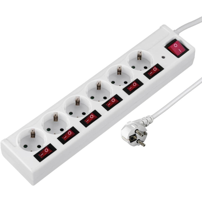 Мережевий фільтр Hama з перенапруженням, 6 розеток, поворот 90°, XL роз'єми, 1.4м кабель, настінний монтаж