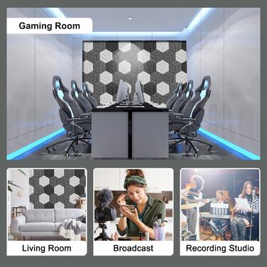 Акустичні гексагонні панелі самоклеючі, звукопоглинаючий пінопласт для стін у студію, офіс та ігрову кімнату, сірі (30x26x0.9 см), 12 шт.