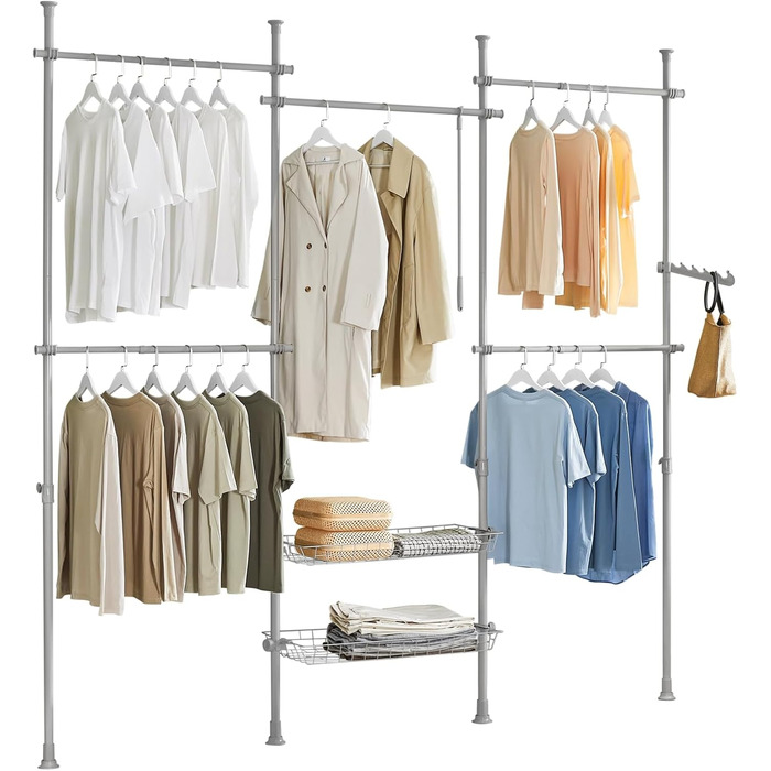 SoBuy KLS04-SCH Telescopic Clothes Rail with 5 Clothes Rails and 2 Baskets Telescopic Wardrobe System Adjustable Shelf System B (209-311) x H (200-285) cm (Light Grey)