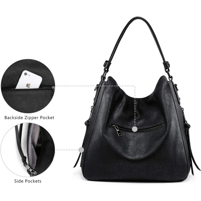 Жіноча сумка-шопер Realer середнього розміру, чорна (L) - PU шкіра, для роботи, офісу, покупок, вінтажний стиль Hobo