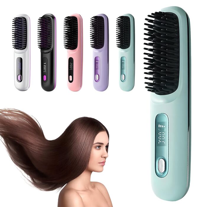 Бездротова щітка-випрямляч для волосся 2-в-1 з LED дисплеєм, 3 температурні режими (160°C-200°C), для подорожей (Блакитна)
