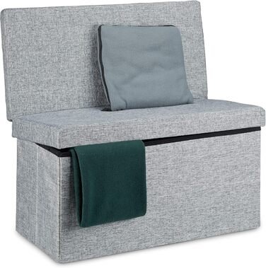 Складаний пуф Relaxdays з спинкою, 73x76x38 см, сіра лавка-скриня з лляної тканини, з місцем для зберігання та кришкою