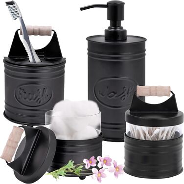Autumn Alley Rustic Bathroom Accessories Set of 4 – Black Soap Dispenser, Rustic Toothbrush Holder, 2 Apothecary Jars Qtip Holders – Rustic Bathroom Decor – Farmhouse Bathroom Accessories