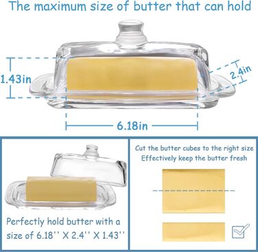 Gusnilo Butter Dish made of Glass, Classic Butter Dish, Transparent, with Lid and Handle, Dishwasher Safe, 1 Piece