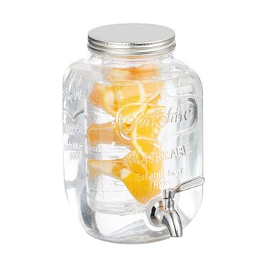 Диспенсер для напоїв Relaxdays з вставкою для фруктів, 4 л, кран та кришка, глечик, скло, метал, прозорий